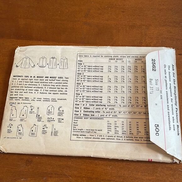 Vtg 1958 Simplicity maternity tops sewing pattern - Picture 4 of 5